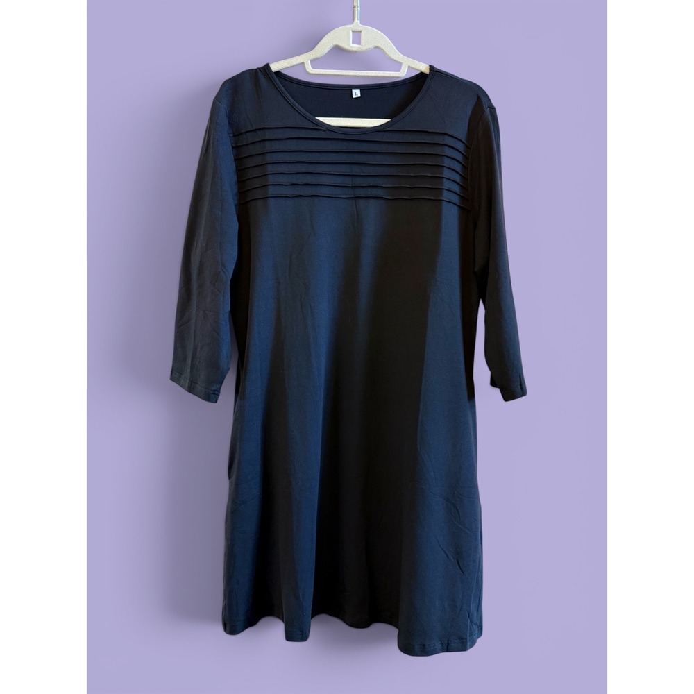 Wmns Black Casual 3/4 Sleeve Pleated Knee Length Knit Dress Size L w/Pockets
